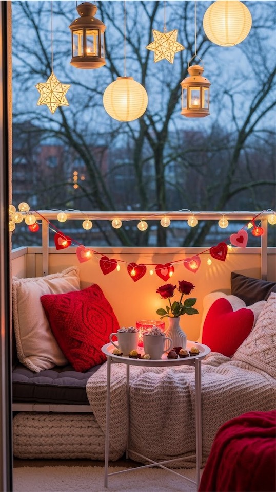 balcony Valentines Room Decor ideas with pillows and lights