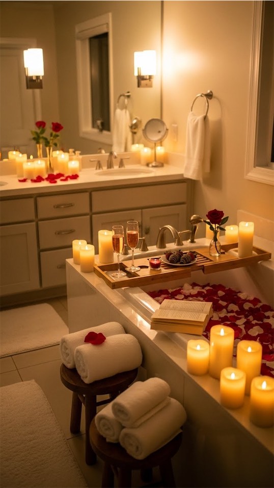 bathroom decorated for valentines day with rose petals, wine and candles