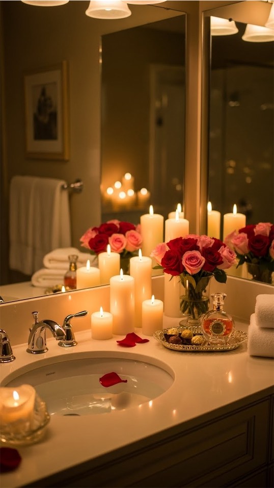 bathroom vanity with candles and flowers