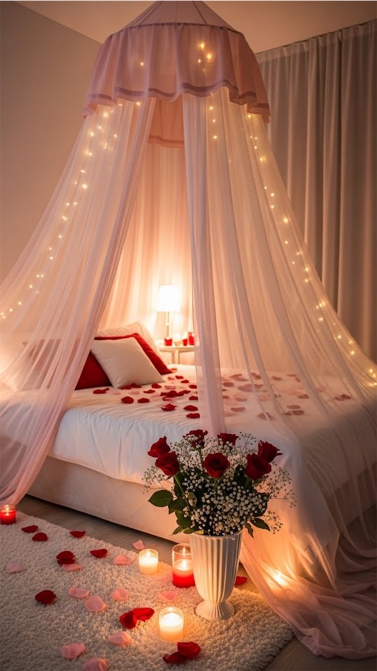 romantic canopy set up over the bed with fairy lights