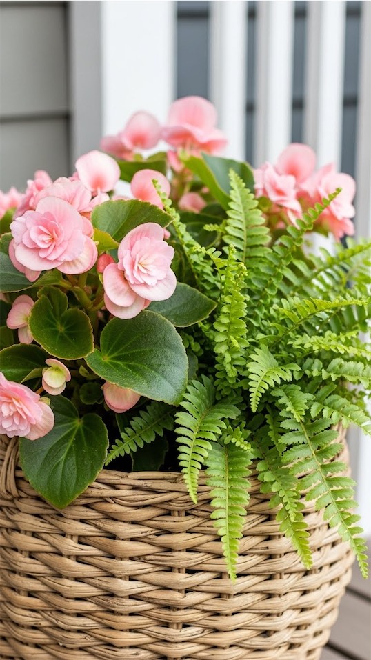 pink begonias with bright green ferns in a woven basket