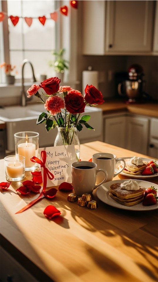 valentine's breakfast set up on kitchen table