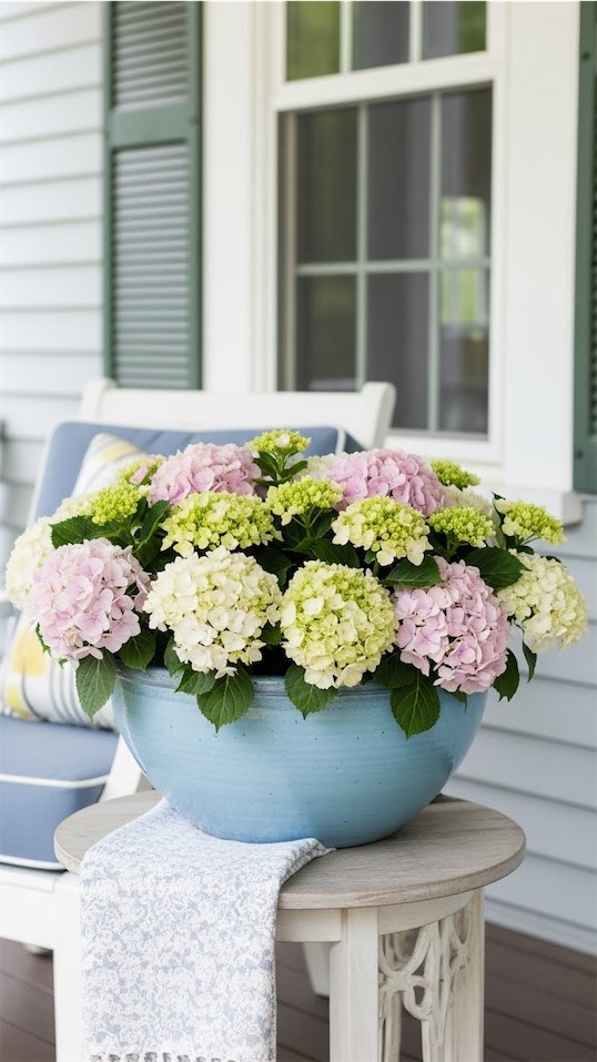 ceramic bowl planter filled with hydrangeas on a side table