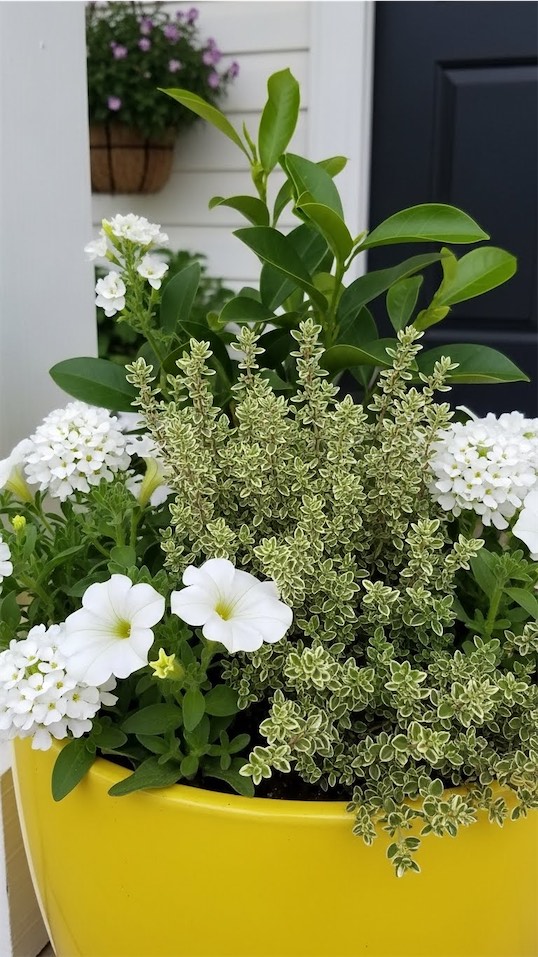 citrus themed planter with white flowers and variegated lemon thyme