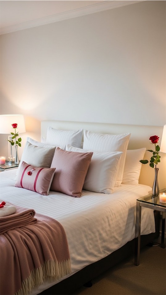 bedroom set up in Valentine's Room Decor ideas with crisp bed linen and pink pillows