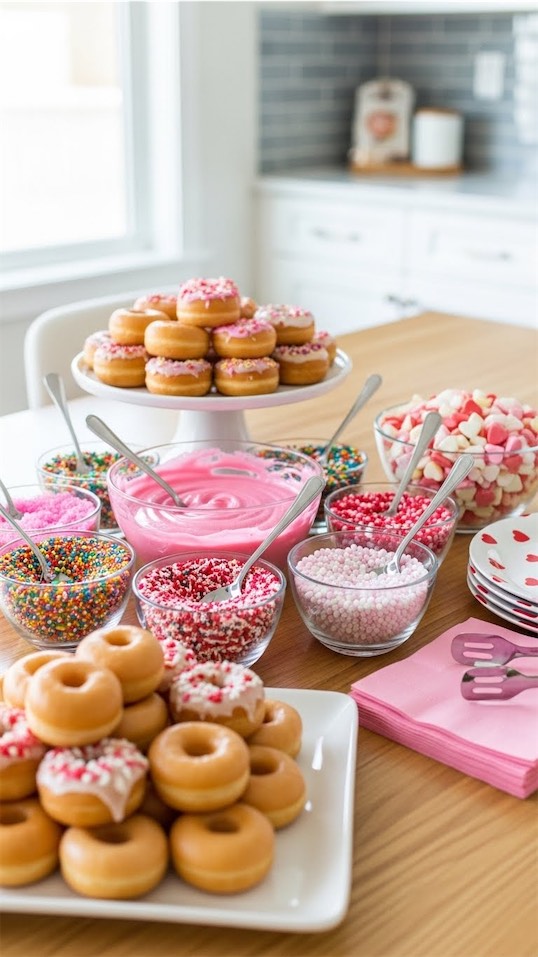 donut making station for kids with sprinkles and icing 
