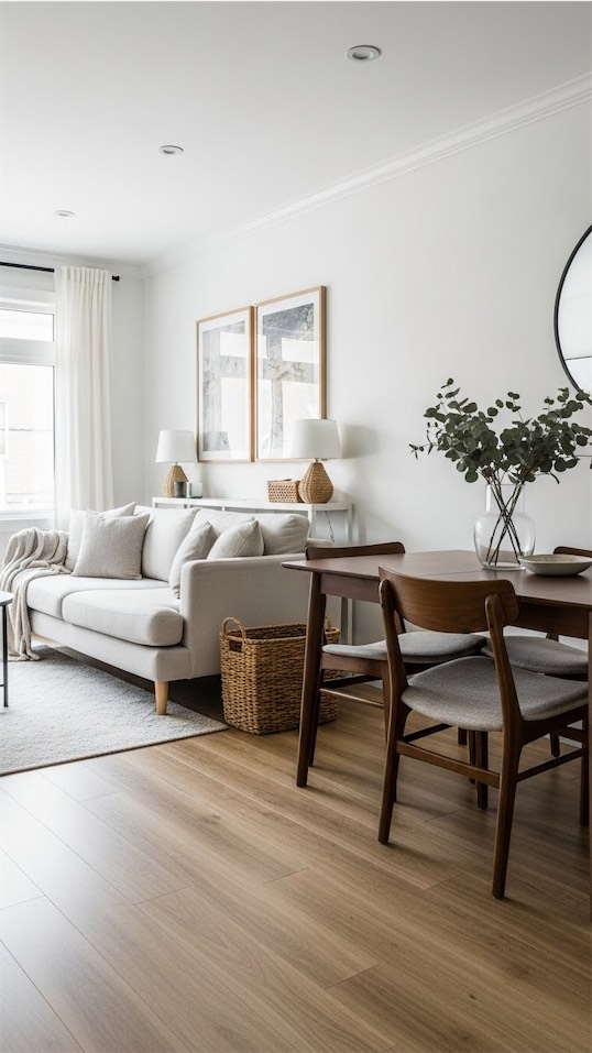 float sofa away from wall with small sideboard