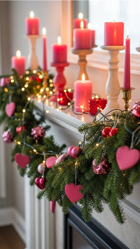 Christmas decor repurposed and used as valentines decor on mantle