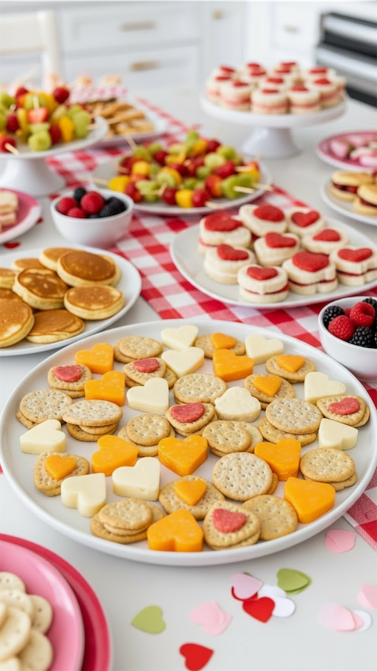 cheese and crackers in the shapes of hearts on a white plate