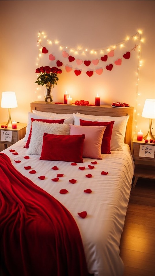 bed set up with rose petals and red blankets with love notes