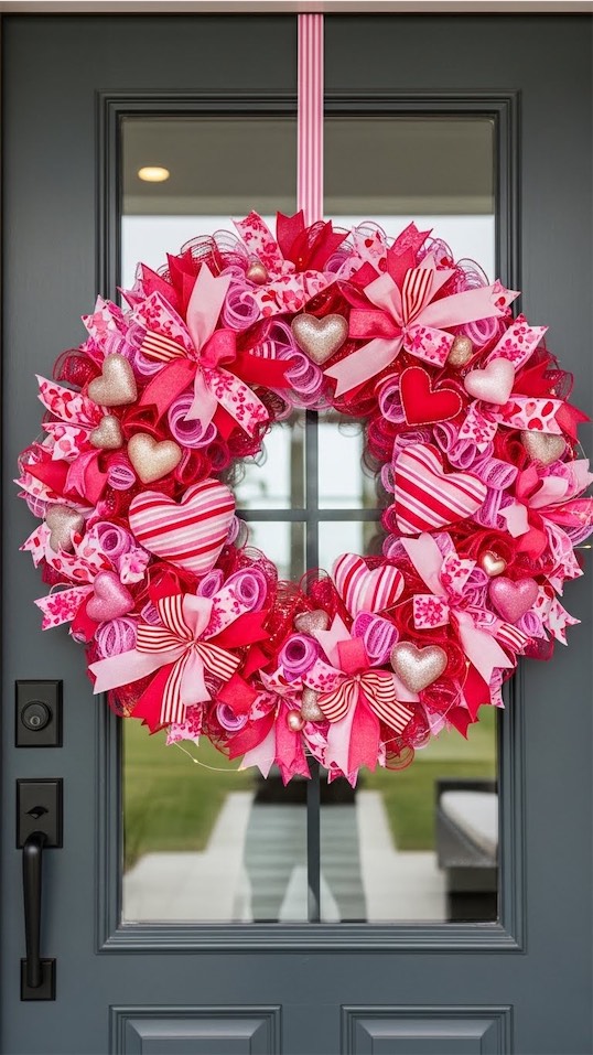hearts and ribbon wreath on front door of home