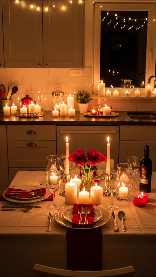 kitchen set up in low lighting, fairy lights and candles