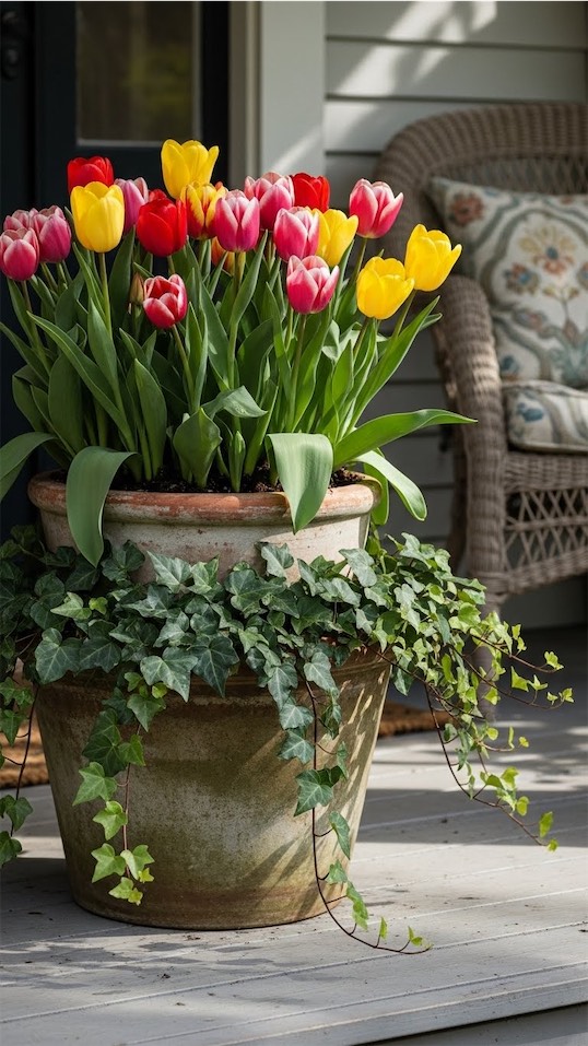 tulips in a tiered Spring Planter