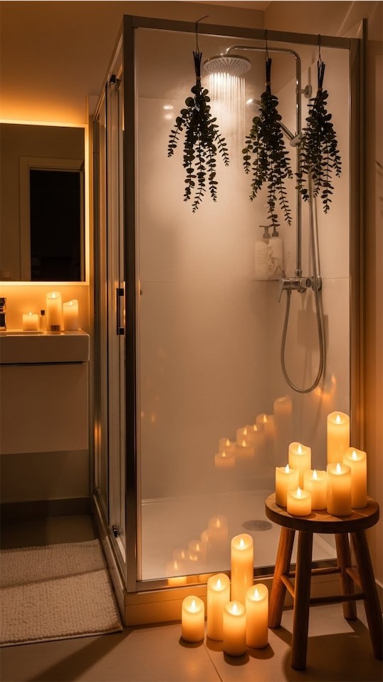 shower set up for valentines day with eucalyptus and candles