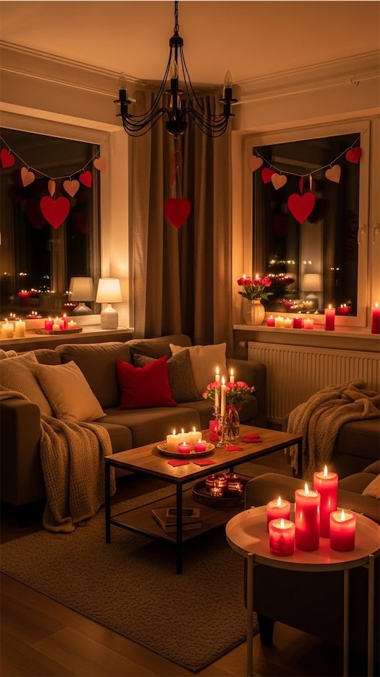 living room set up in Valentine's Room Decor ideas with candles and low lighting