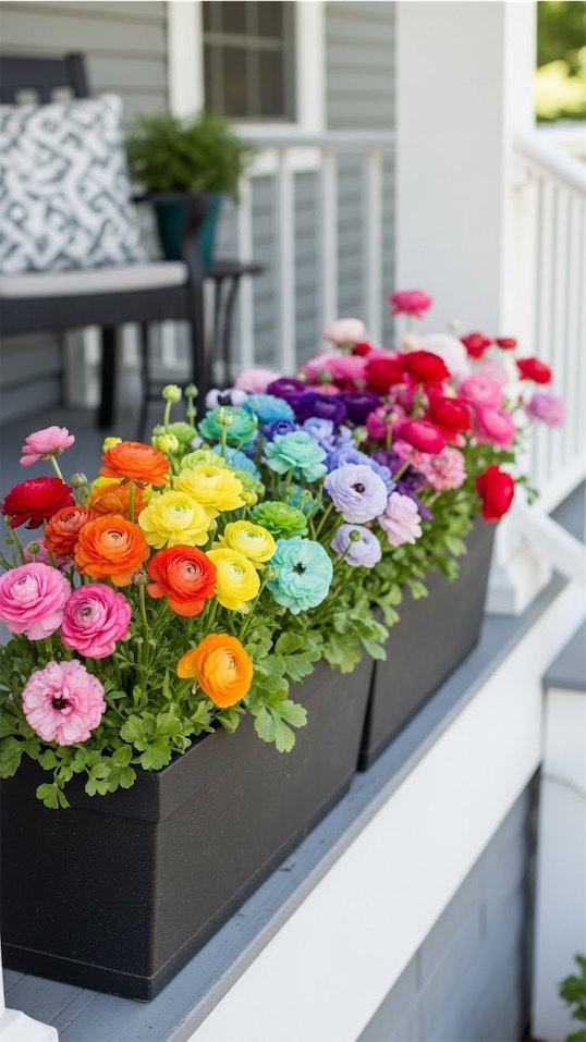 rainbow flowers in long planter box