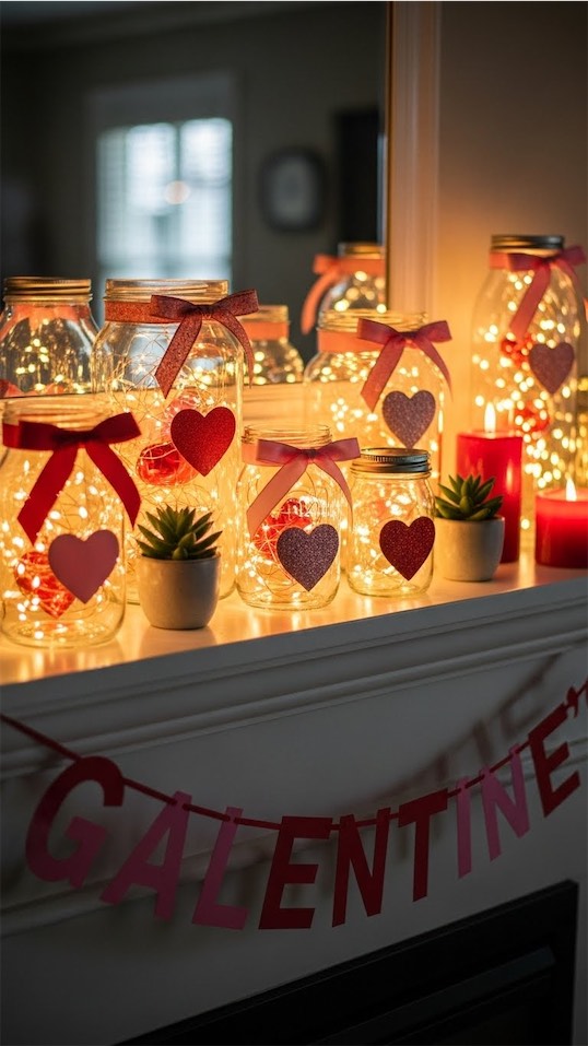 mason jars filled with fairy lights on mantle DIY Galentines Decor