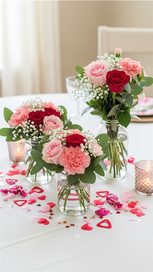 small glass jars with trimmed flowers 