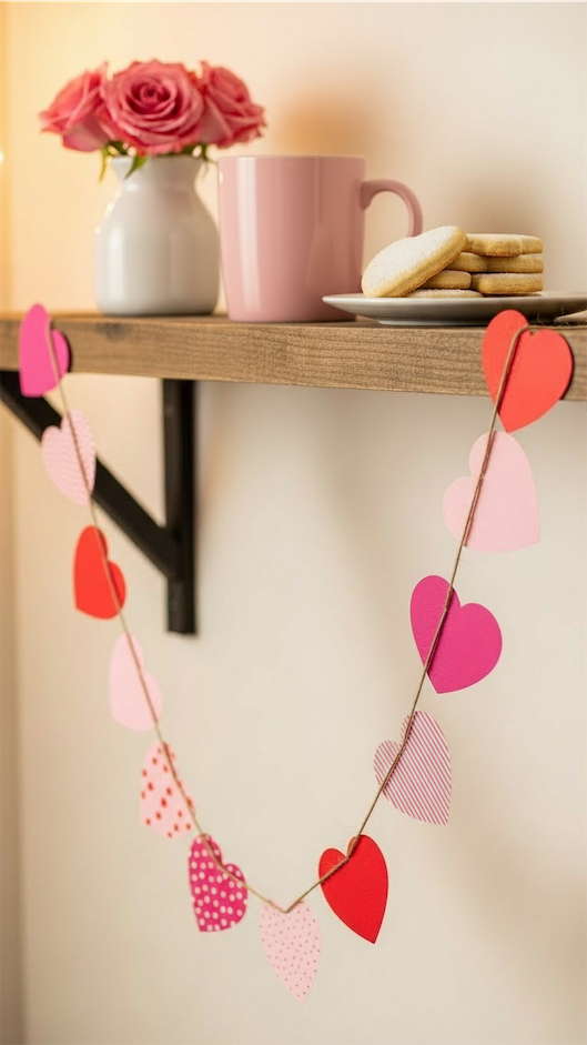 rustic style paper hearts stuck on twine across shelf