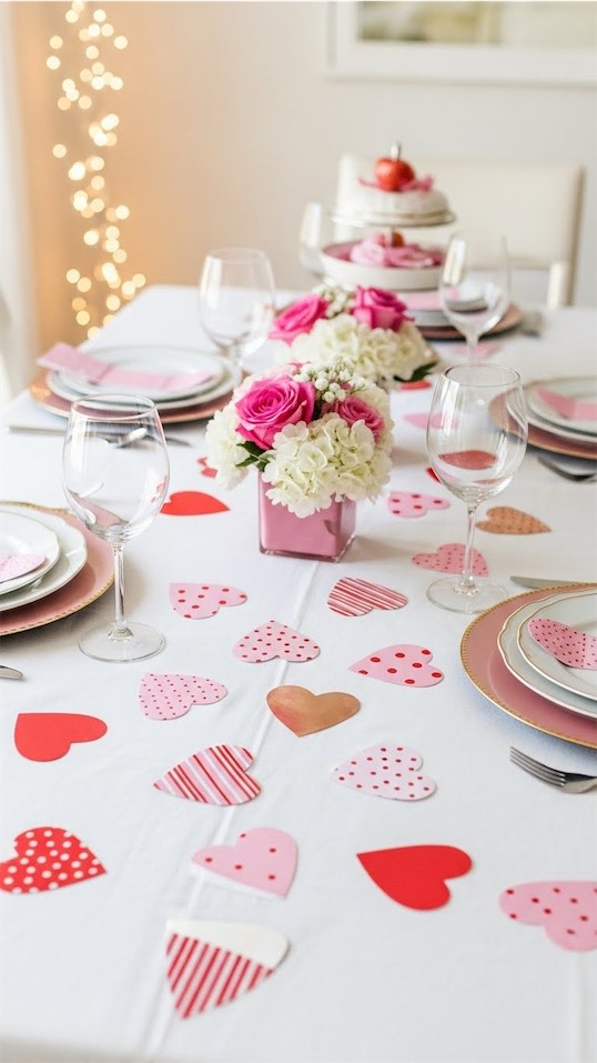 small paper hearts scattered across dining room table