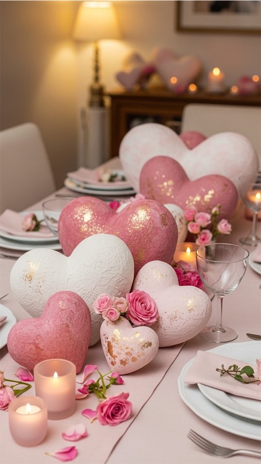 paper mache hearts in a muted pink color on the dining room table