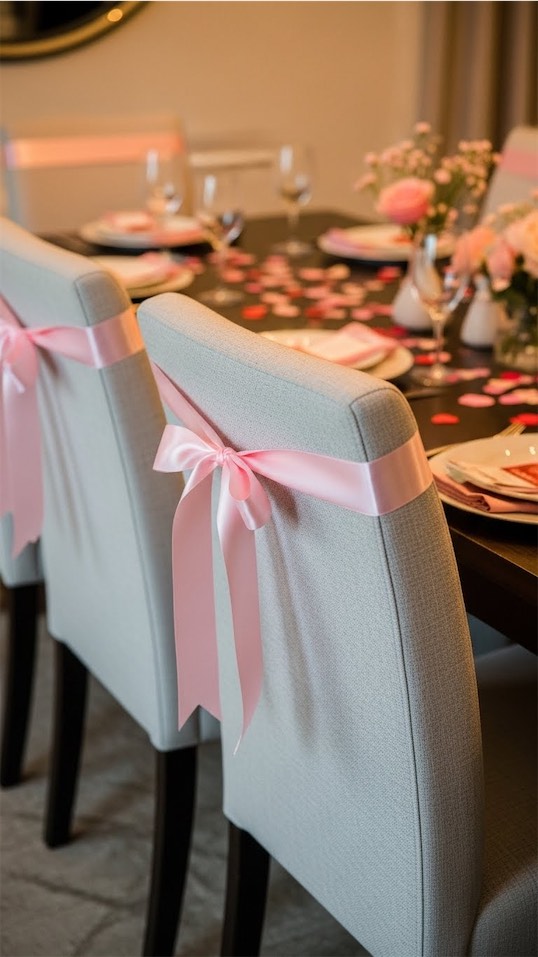 Pink ribbons tied to the back of chairs in Dining Room DIY Galentines Decor