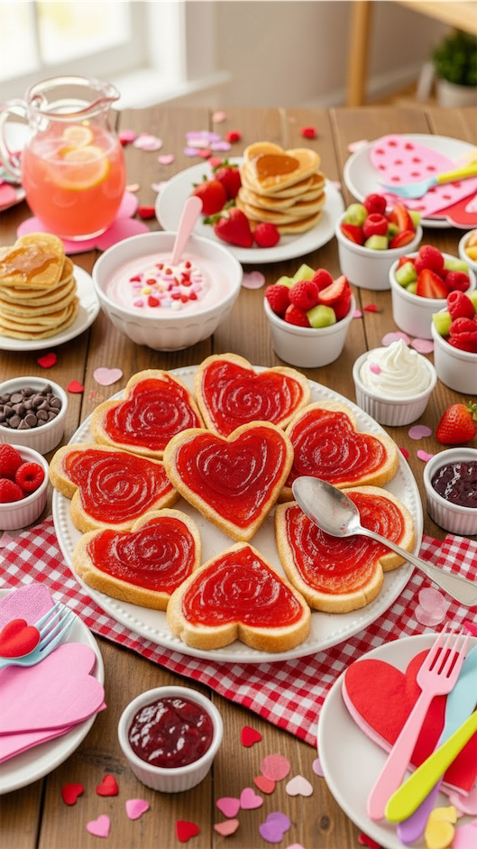 toast in the shape of hearts with red jam on 