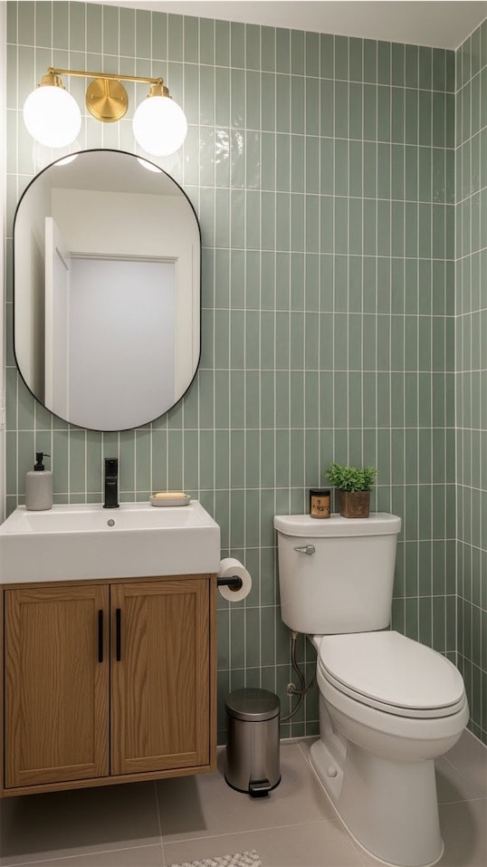 sage green vertical tile Guest Small Bathroom Renovation
