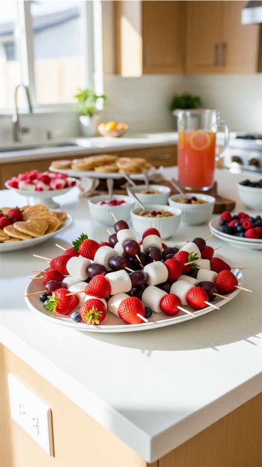 fruit skewers laid out on a kitchen island Galentines Brunch for Kids