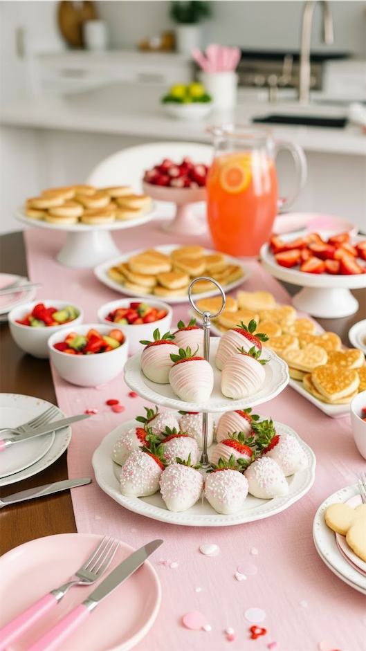 yoghurt dipped strawberries on a cake stand for a Galentines Brunch for Kids