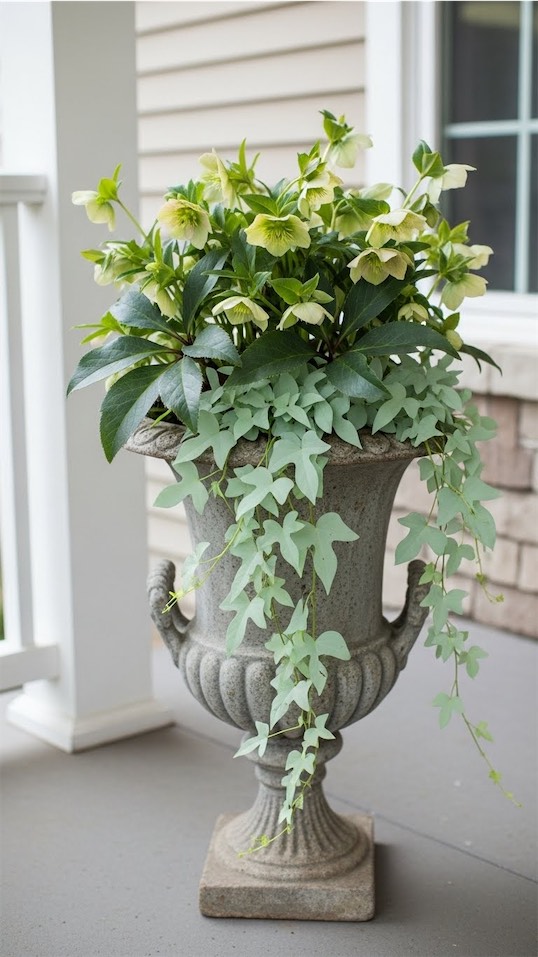 urn filled with hellebores and trailing sweet potato vine in tall planter