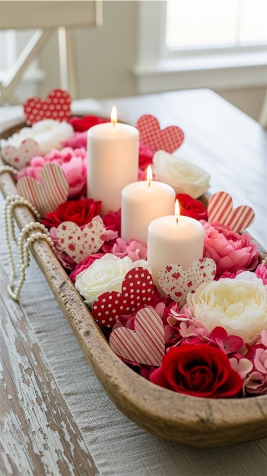 dough bowl on the dining room table with candles, hearts and flowers
