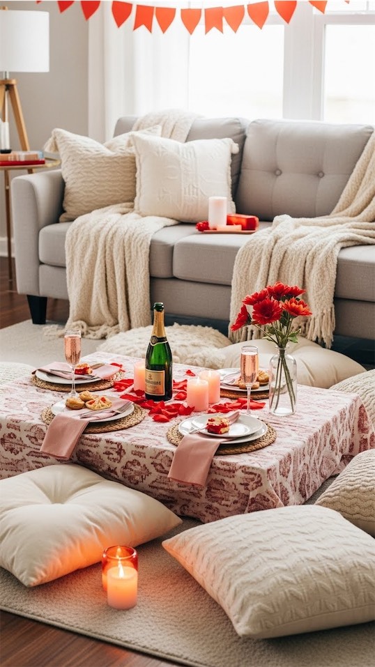 picnic area set up on floor with candles and roses Valentine's Room Decor