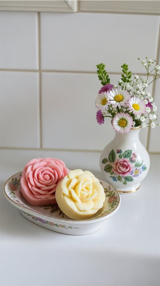 vintage style Spring Bathroom Counter Decor with rose shaped soaps and flowers