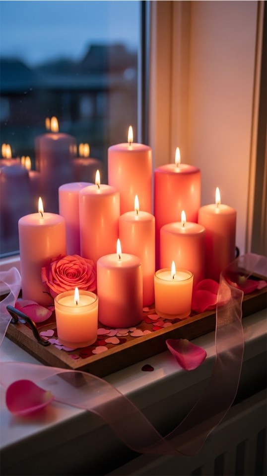 pink hearts on tray in windowsill 