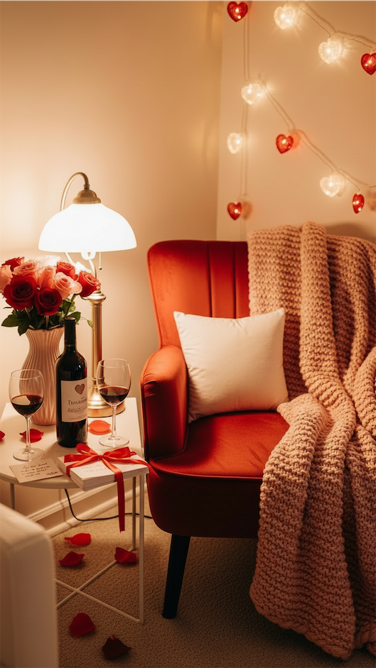 reading nook set up with wine and pillows
