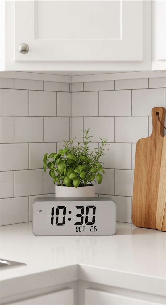 lwo profile clock with plant behind it