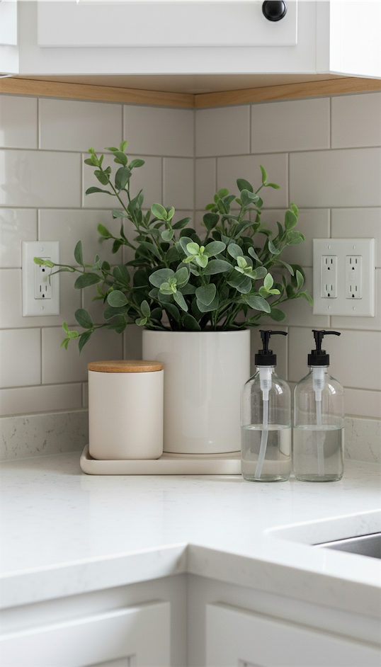 Ceramic pots and canisters with matching soap bottles in kitchen