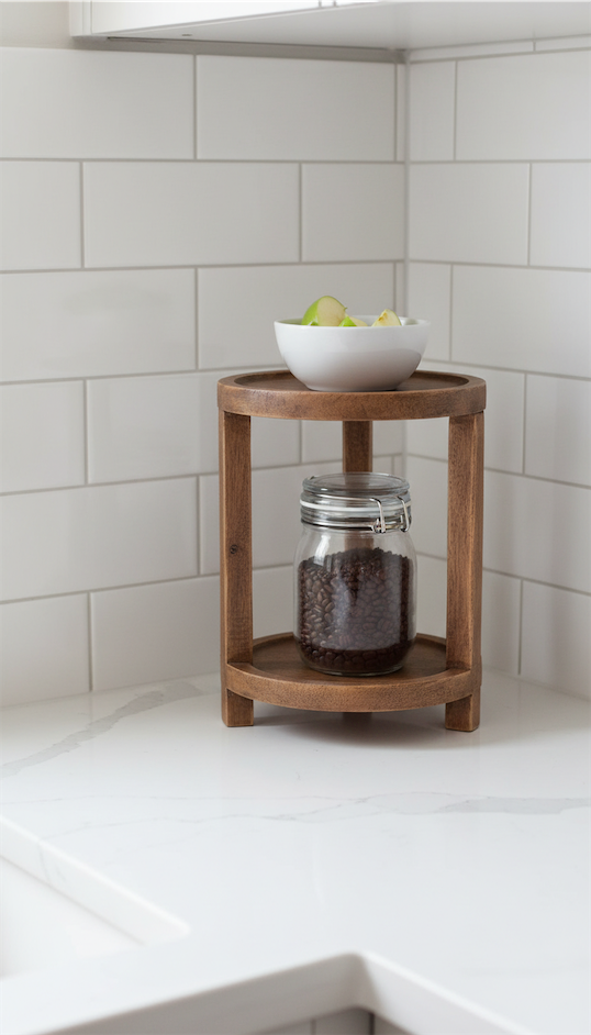 tiered stand with white bowl and jar of coffee 