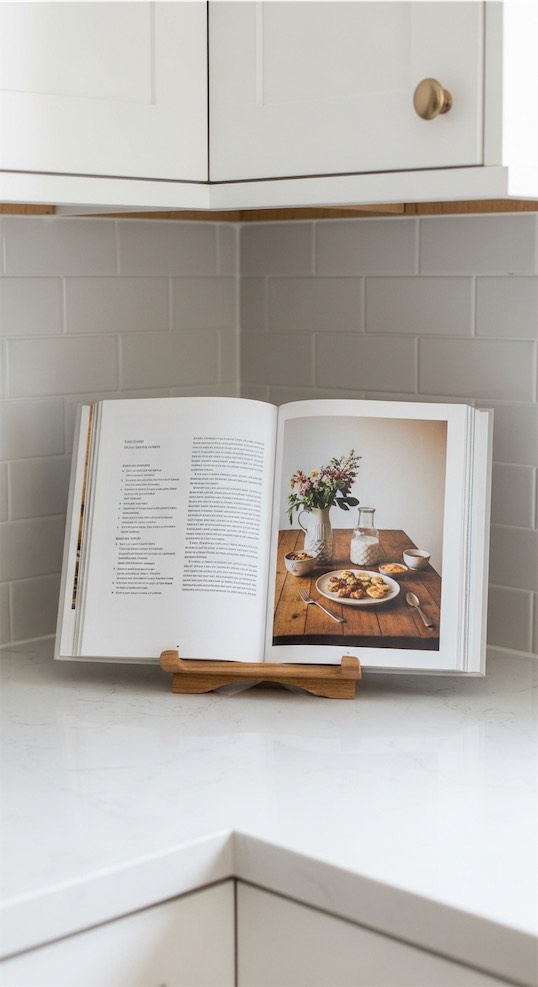 neutral cook book stand with open cookbook