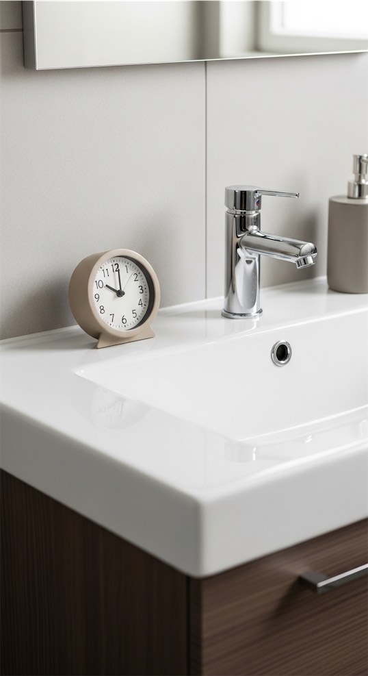 small clock on bathroom sink