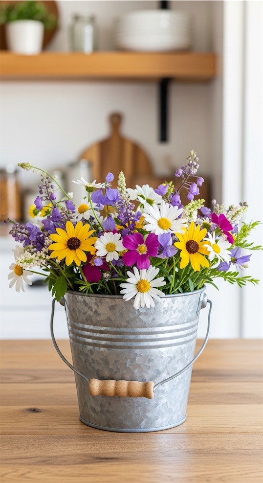 metal bucket containing wildflowers