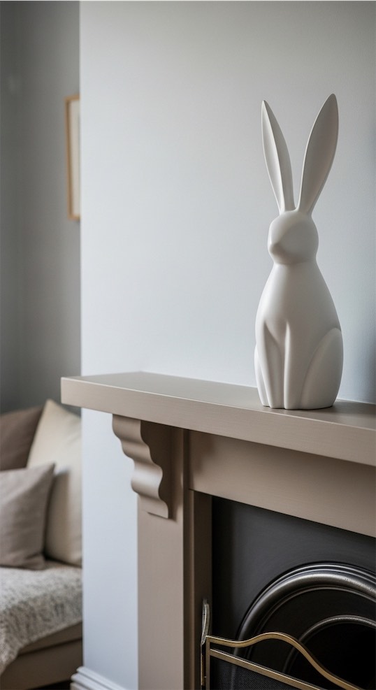 single white ceramic rabbit on mantle