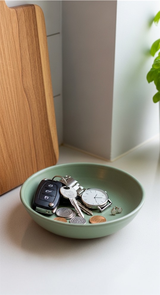 green bowl holding keys, coins and. a watch