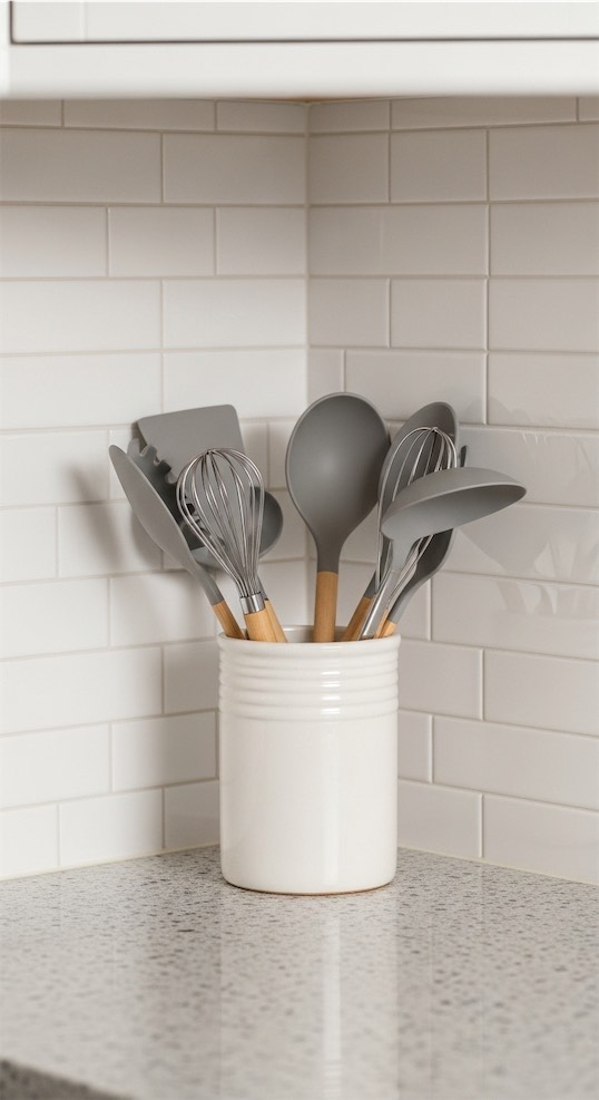 beige canister with grey utensils