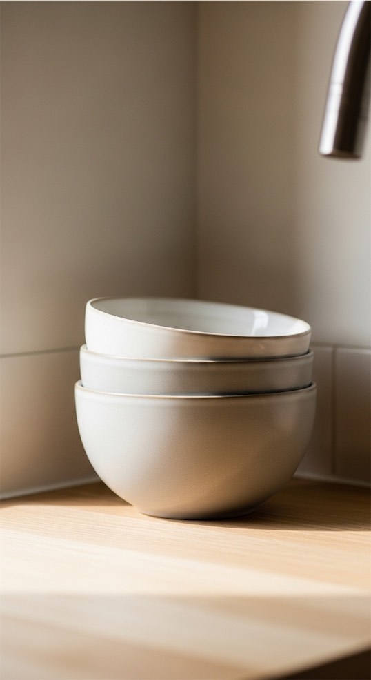 stacked bowls in kitchen corner