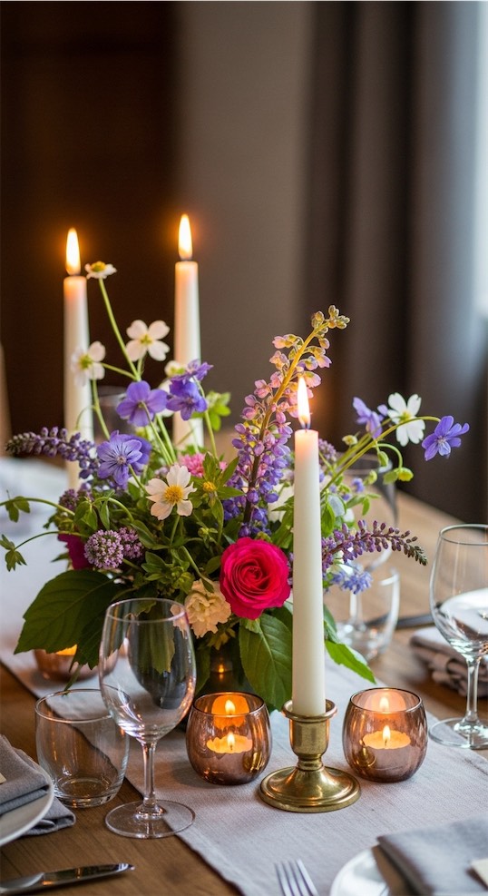 Spring Wildflower Table Centerpieces with candles