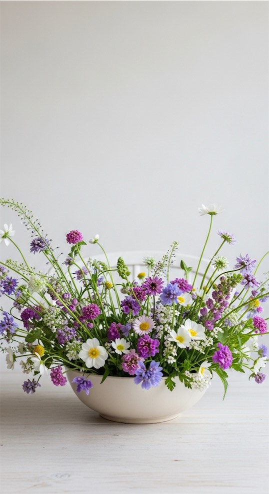 Spring Wildflower Table Centerpieces in a white ceramic wide bowl