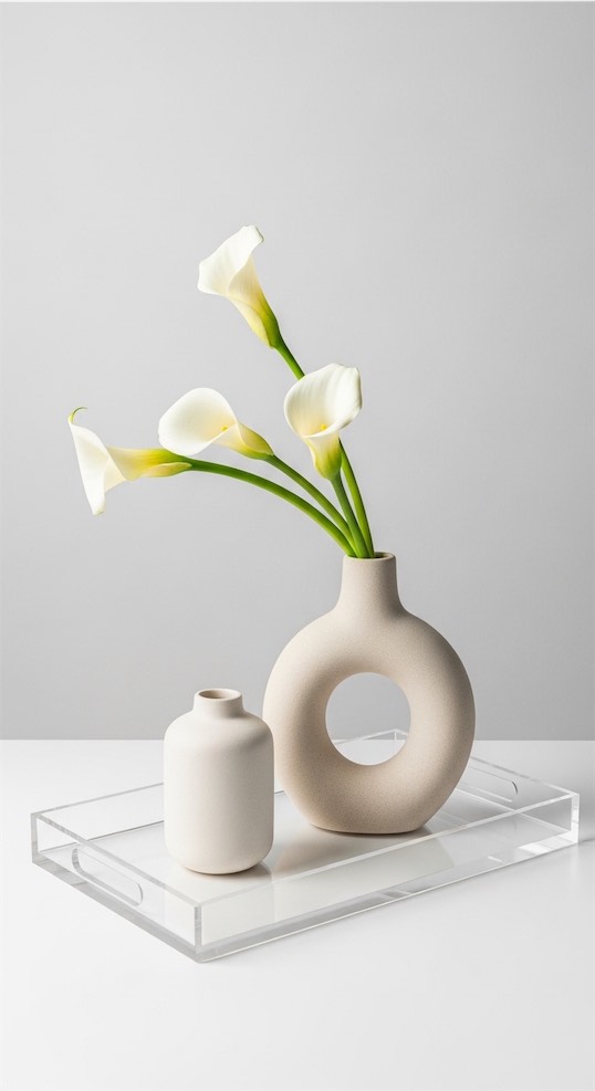 Acrylic Tray with Sculptural Vase and Calla Lilies
