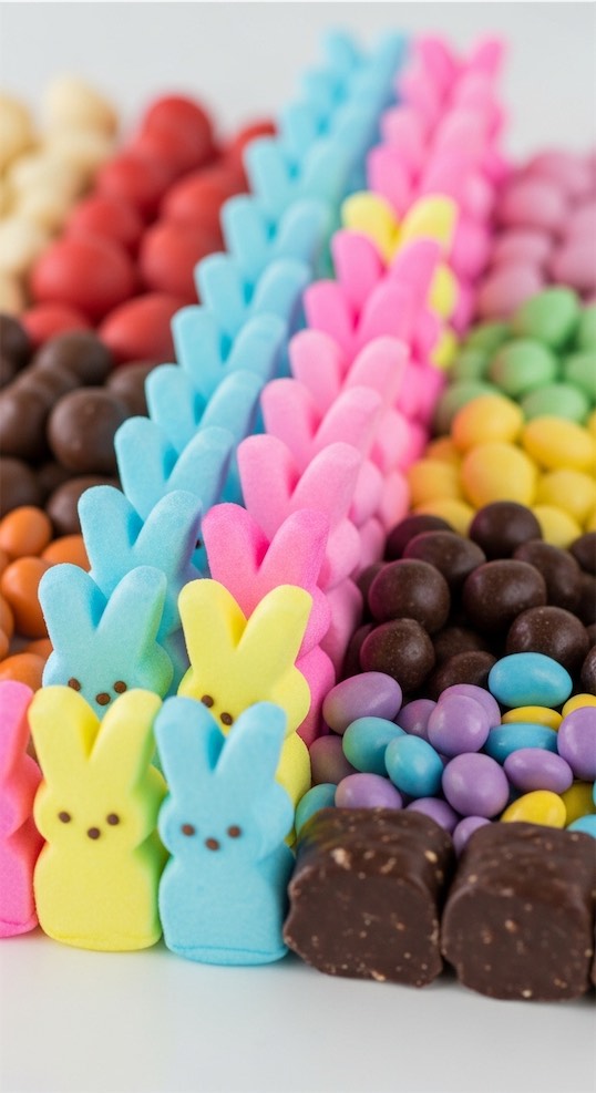 Peeps lined up on Easter Candy Charcuterie board